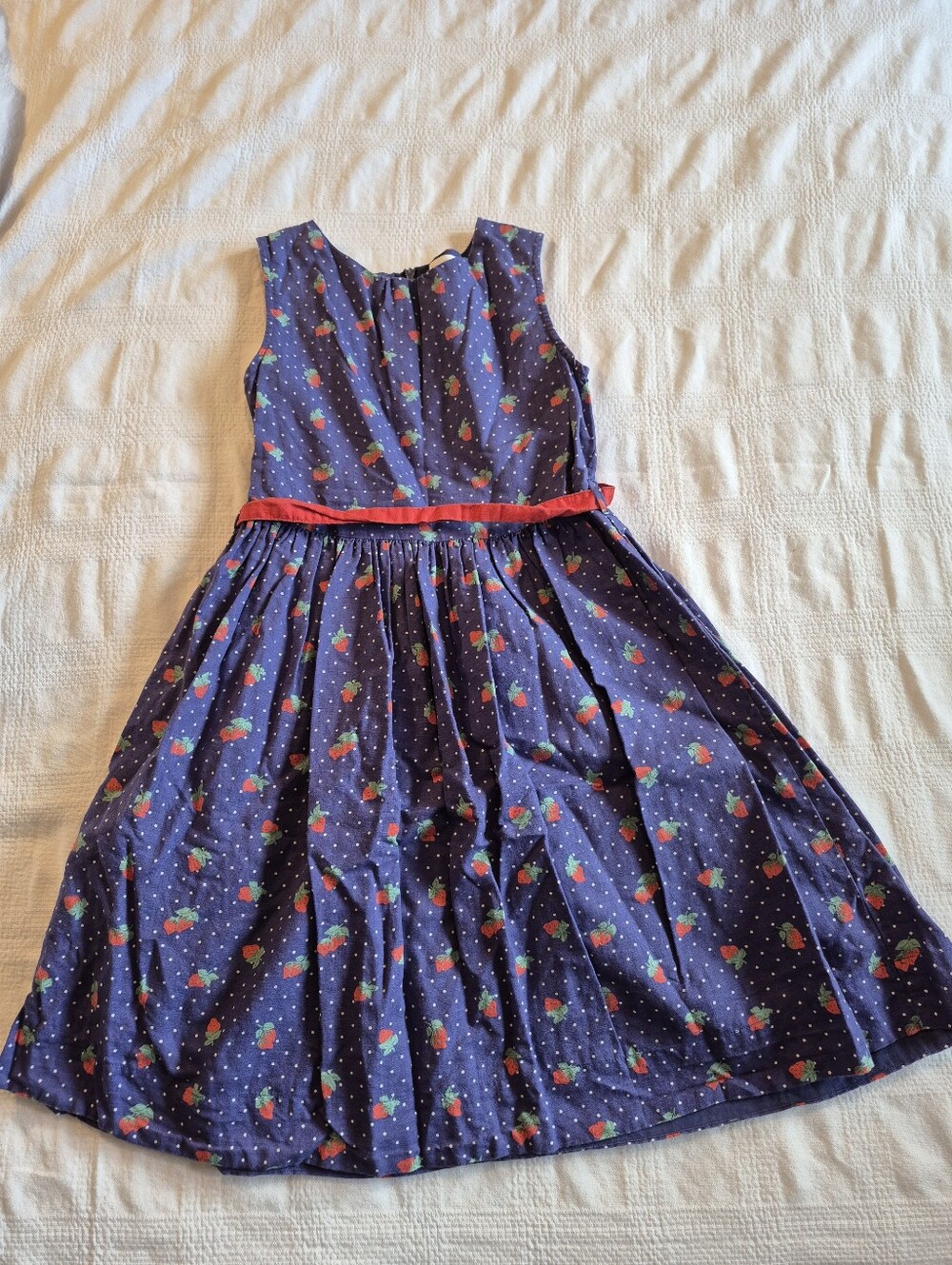 Mini Boden girls size 11-12 yrs blue dress with strawberry print red belt VVGUC